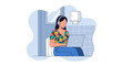 © Box Office - A vibrant flat illustration depicting a young woman wearing headphones and diligently working on her laptop while commuting or traveling.