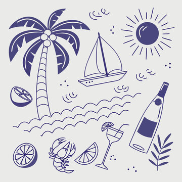 Charming seamless tropical vacation icon set with palm trees, coconuts, fruity drinks, and boats. Hand-drawn summer design for lifestyle branding, textile patterns, and product packaging.

