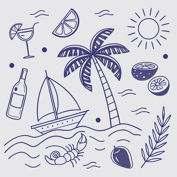 Playful tropical vacation pattern with fruity drinks, coconuts, palm trees, and sailing boats in hand-drawn style. Seamless summer design ideal for packaging, fashion, and creative branding.

