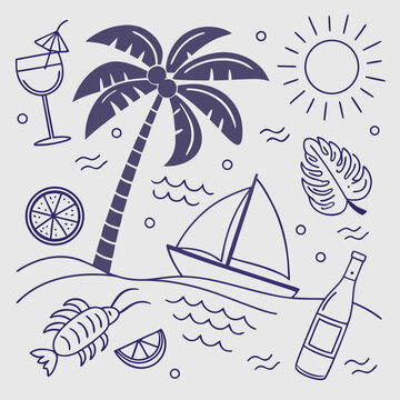 Fun hand-drawn tropical summer pattern with boats, coconuts, fruity drinks, and palm leaves. Whimsical vacation elements in seamless format for seasonal branding and surface design projects.

