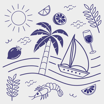 Playful tropical summer illustration featuring sailboats, coconuts, cocktails, and palm leaves. Hand-drawn vacation elements in seamless style for branding, posters, and creative design kits.

