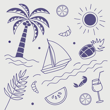 Hand-drawn summer vacation pattern featuring boats, palm trees, fruity drinks, and coconuts. Seamless tropical scene perfect for fashion branding, digital art, and surface design collections.


