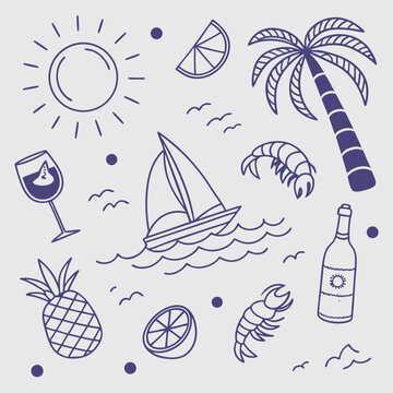 Playful tropical island design featuring hand-drawn cocktails, coconuts, palm trees, and sailing boats. Seamless summer vacation pattern perfect for branding, prints, and digital graphics.

