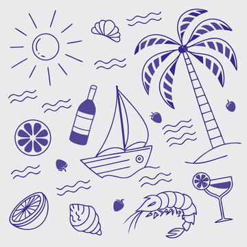 Fun and stylish summer vacation illustration with fruity drinks, boats, coconuts, and tropical palms. Hand-drawn outline icons in a seamless layout for trendy branding and product designs.

