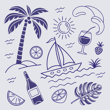 Seamless tropical island design with hand-drawn fruity cocktails, boats, coconuts, and palm leaves. Playful vacation icons for creative fashion, lifestyle prints, and digital asset collections.

