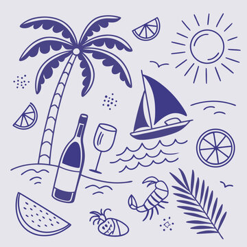 Stylish tropical vacation illustration with fruity drinks, sailing boats, coconuts, and palm leaves. Hand-drawn summer icon set for seamless pattern design and creative product branding.

