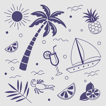 Whimsical summer island pattern with fruity cocktails, palm trees, coconuts, and sailing boats. Cute hand-drawn tropical design perfect for lifestyle branding, textiles, and packaging visuals.

