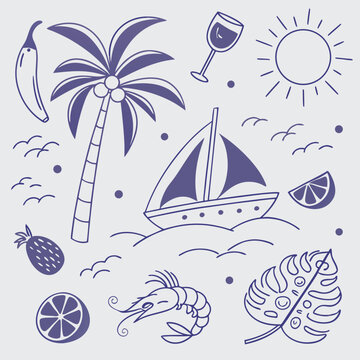 Fun seamless tropical island vacation scene featuring hand-drawn boats, fruits, coconuts, and palm leaves. Playful summer icon collection for seasonal creative and branding projects.

