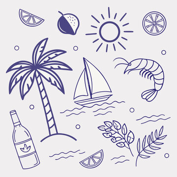 Playful summer pattern with hand-drawn tropical elements including palm trees, fruity cocktails, and sailboats. Whimsical seamless design for creative prints, branding, and web graphics.

