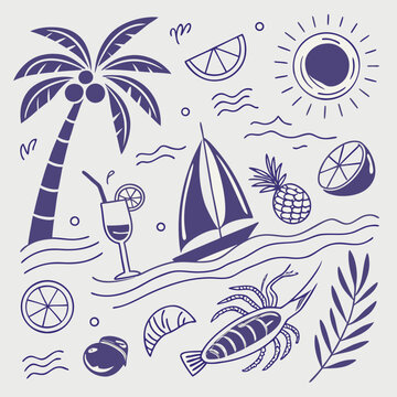 Hand-drawn tropical vacation pattern with palm trees, fruity drinks, and boats. Fun and relaxing summer theme in outline style for seamless surface design, packaging, and digital branding.

