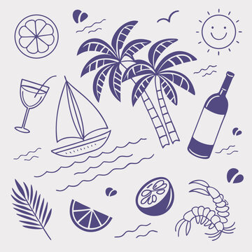 Hand-drawn summer vacation elements in a tropical island theme with cocktails, coconuts, and sailing boats. Seamless pattern for creative seasonal designs, packaging, and product branding.

