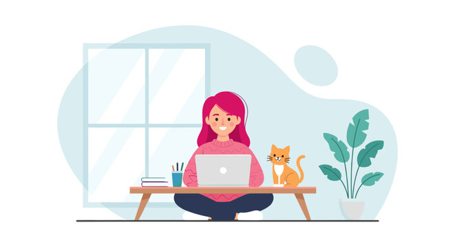 A cheerful young woman works remotely on her laptop from the comfort of her cozy home, accompanied by her pet cat, illustrating contemporary work-life.