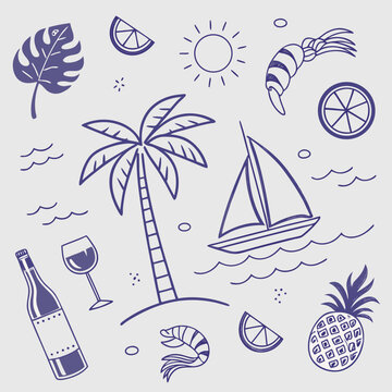 Playful tropical vacation icons including fruity drinks, boats, coconuts, and palm trees. Hand-drawn summer design in outline style for seamless patterns and lifestyle-themed illustrations.

