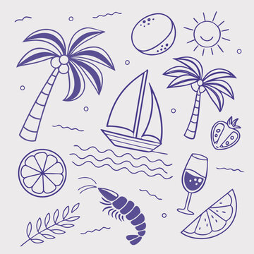 Cute summer island icon set in hand-drawn outline style with sailboats, cocktails, coconuts, and palm trees. Seamless tropical vacation design perfect for product branding and creative use.

