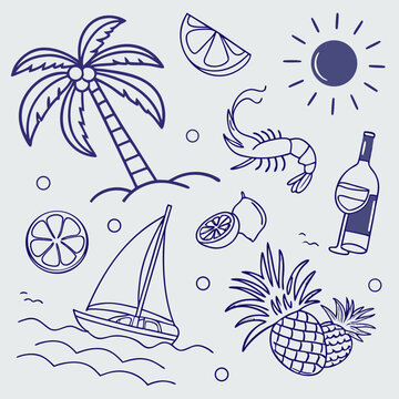 Hand-drawn tropical summer vacation design featuring palm trees, fruity drinks, seashells, and boats. Fun and whimsical icon pattern for seamless product packaging and creative marketing visuals.

