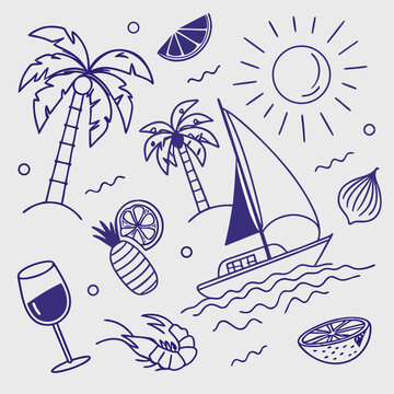 Fun tropical icon collection with fruity cocktails, palm leaves, coconuts, and sailing boats. Hand-drawn vacation elements in outline style for seasonal design kits and travel branding assets.

