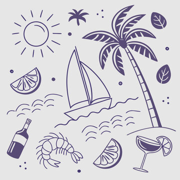 Cute hand-drawn summer icon set with sailboats, fruity drinks, coconuts, and beach palm trees. Playful and seamless tropical vacation design for branding, fashion, and illustration purposes.

