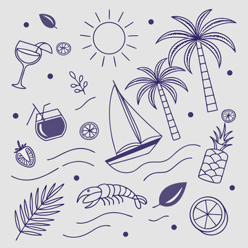 Stylish tropical summer pattern with hand-drawn boats, palm leaves, coconuts, and fruity cocktails. Whimsical vacation elements perfect for seamless textile, print, and branding assets.


