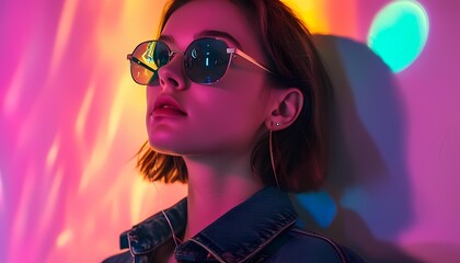 Aufkleber - Vibrant portrait of a young woman in sunglasses urban setting photography colorful background close-up fashion concept