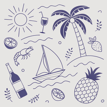 Charming summer pattern with tropical drinks, sailing boats, palm trees, and fruity elements. Hand-drawn coastal vacation icons for seamless product branding and tropical graphic design.


