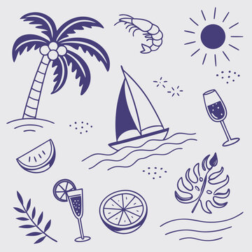 Hand-drawn tropical summer vacation illustration with coconuts, palm trees, fruity drinks, and a sailboat. Playful and stylish pattern for branding kits, design assets, and social content.

