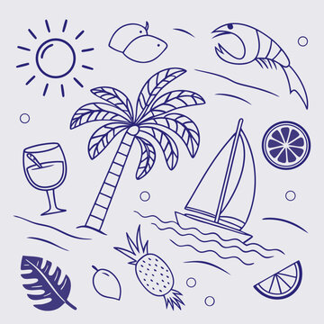 Seamless hand-drawn summer design with tropical drinks, coconuts, palm leaves, and boats. Fun and relaxing vacation illustration perfect for product design, branding, and creative assets.

