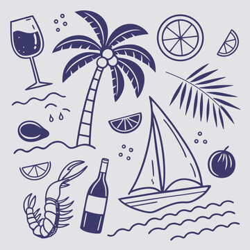 Hand-drawn tropical summer pattern with palm trees, drinks, boats, and fruity decor. Playful and relaxing vacation icon set in calming colors perfect for surface design and travel branding.

