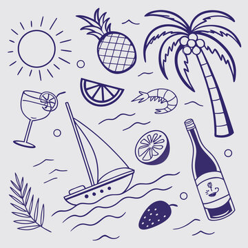 Fun hand-drawn summer icon set with cocktails, palm trees, fruits, and sailboats. Tropical vacation vibes captured in outline art for seamless patterns, apparel prints, and social media graphics.

