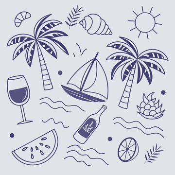 Whimsical tropical vacation scene with coconuts, sailing boats, drinks, and palm trees. Fun hand-drawn island elements in a seamless pattern for summer-themed illustrations and design use.

