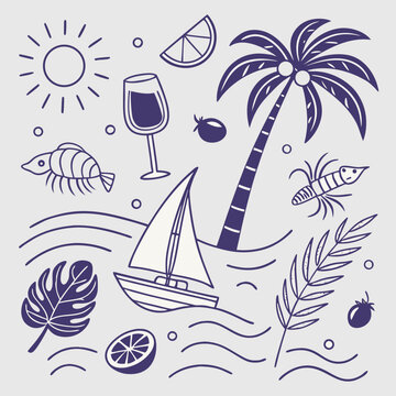 Playful tropical summer icon set featuring boats, fruity drinks, seashells, and palm leaves. Hand-drawn outline illustrations perfect for seamless surface design, packaging, and branding kits.

