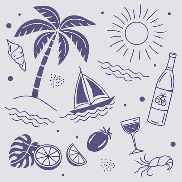 Hand-drawn seamless pattern with cocktails, sailboats, and palm trees. Fun and festive tropical summer vacation elements in pastel outline style perfect for lifestyle design and seasonal decor.

