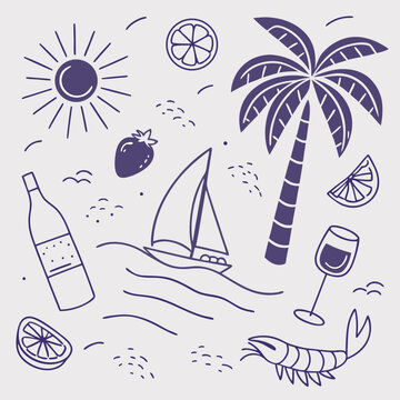 Hand-drawn tropical summer pattern with relaxing island elements including fruity drinks, coconuts, palm trees, and sailboats. Whimsical outline illustration for seamless and seasonal uses.

