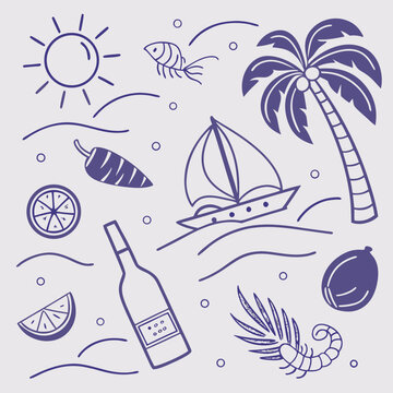 Seamless tropical vacation icon set in line art style featuring drinks, sailboats, palm trees, and seashells. Hand-drawn illustration perfect for packaging, branding, and decorative use.

