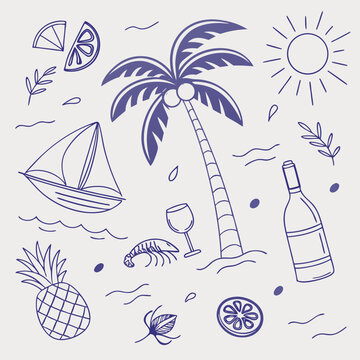 Whimsical tropical summer vacation scene with fruity drinks, coconuts, boats, and palm trees. Playful hand-drawn design in a seamless layout perfect for textiles, branding, and packaging.

