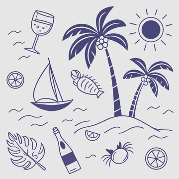 Whimsical and stylish tropical summer pattern with sailing boats, coconuts, palm trees, and fruity drinks. Hand-drawn island vibe illustration perfect for seamless surface design themes.

