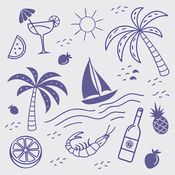 Hand-drawn tropical vacation scene featuring sailing boats, exotic fruits, coconuts, and drinks. Playful outline illustration ideal for branding, social media, and seamless packaging designs.

