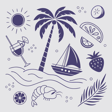 Delightful tropical icon set featuring cocktails, coconuts, boats, and palm trees in a hand-drawn style. Seamless summer vacation elements for branding, fashion, and coastal design projects.

