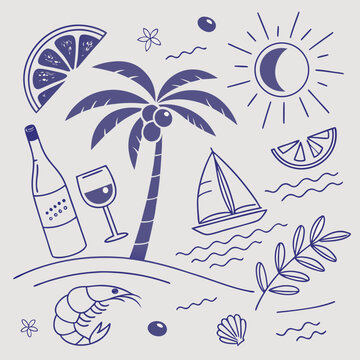 Whimsical tropical vacation illustration with boats, fruit cocktails, and palm leaves. Hand-drawn summer island elements in modern blue and pastel hues for creative seamless design projects.

