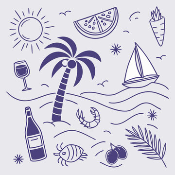 Trendy coastal summer pattern with sailboats, palm trees, drinks, and fruits in cute hand-drawn style. Playful tropical icons for surface patterns, travel blog branding, and summer packaging.

