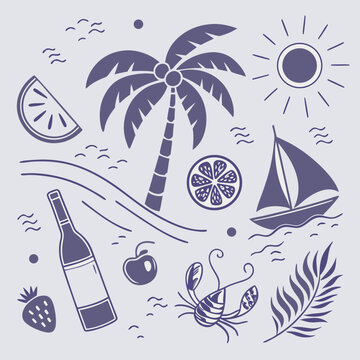 Hand-drawn tropical island illustration featuring a sailboat, fruity drinks, palm trees, and seashells. Playful summer vacation scene in modern line art for seamless design and branding use.

