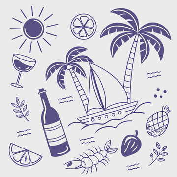 Hand-drawn tropical summer vacation design with cocktails, boats, palm leaves, and coconuts. Cute and playful island icon set in outline style for seamless patterns and tropical branding.

