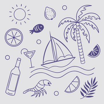 Cute and festive tropical summer pattern featuring drinks, boats, palm leaves, and fruits. Whimsical line art design in seamless format for creative projects and seasonal branding assets.

