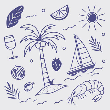 Whimsical tropical island illustration with fruity drinks, palm trees, and a sailboat. Playful and elegant hand-drawn scene for seamless patterns, packaging, and travel-themed designs.

