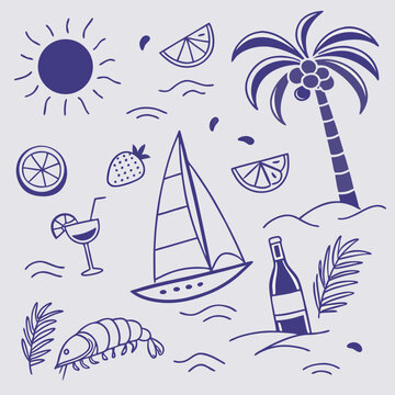 Playful summer vacation illustration with palm trees, tropical fruits, drinks, and boats. Hand-drawn coastal elements in a trendy seamless design perfect for branding, packaging, and decor.

