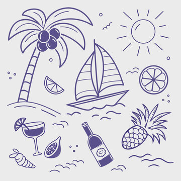 Elegant tropical summer scene with cocktails, sailing boats, palm trees, and fruit. Stylish outline illustration perfect for branding, apparel, and coastal-inspired design collections.

