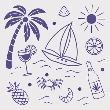 Playful hand-drawn tropical vacation scene with sailing boats, palm leaves, and fruits. Whimsical and trendy summer icon set in outline style for illustration, branding, and web use.

