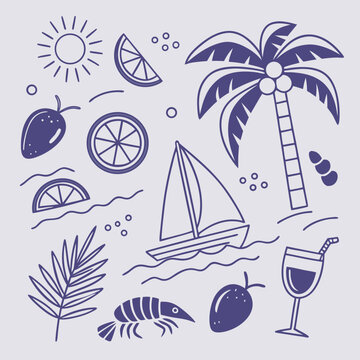 Fun and modern hand-drawn tropical island design with palm trees, fruity drinks, and boats. Seamless summer vacation pattern perfect for surface design, packaging, and seasonal branding.


