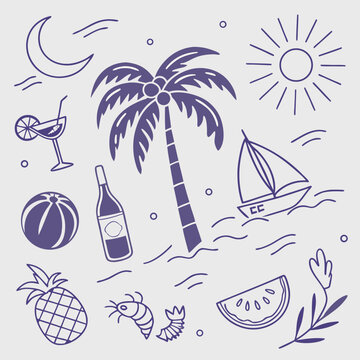 Delightful hand-drawn tropical vacation pattern with sailboats, coconuts, and palm trees. Charming coastal scene in whimsical line art for summer merchandise, invites, and illustrations.

