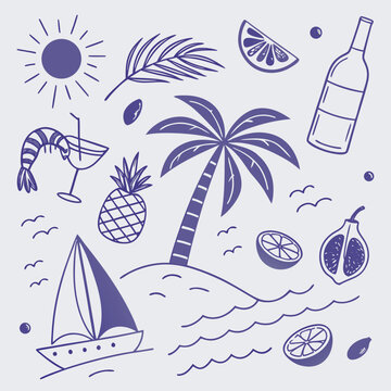 Playful summer vacation illustration with a sailboat, tropical fruits, cocktails, and palm trees. Hand-drawn design elements for beach parties, travel blogs, and sunny creative projects.

