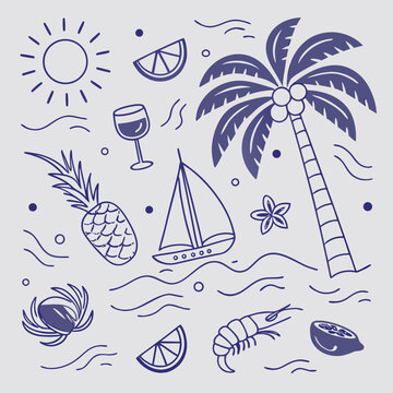 Oceanic holiday illustration featuring fruits, palm trees, cocktails, and a sailboat. Hand-drawn coastal design with whimsical summer vacation elements in a calming modern color palette.

